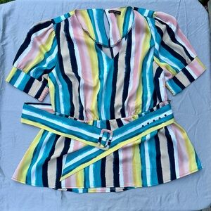 Lane Bryant Women’s Striped Belted Blouse Top Size 16 V-Neck Short Sleeve